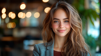 Obraz premium Portrait of a Young Woman with Long Brown Hair in a Professional Office Setting, Soft Lighting
