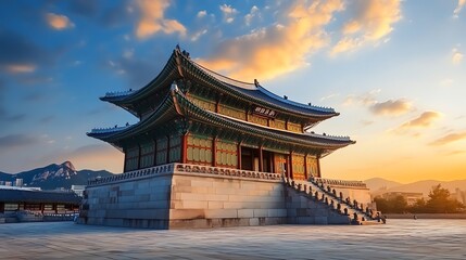 A traditional Korean building with a curved roof.
