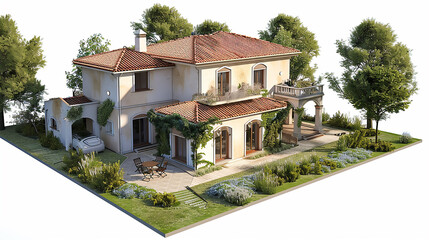 Fototapeta premium Peaceful residential estate illustration with a spacious yard, trees,