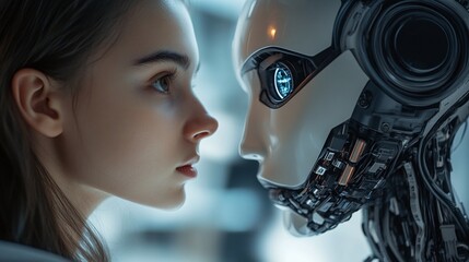 young woman interacting with AI robot in the office, technology partnership for modern business and innovative collaboration
