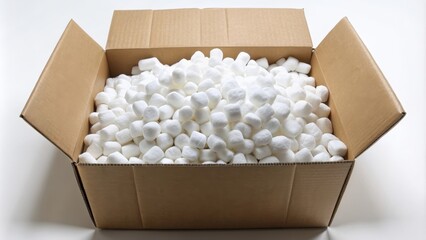 Cardboard box filled with white packing peanuts , shipping, package, delivery, protective, fragile