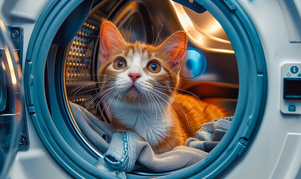 Adorable Ginger Tabby Kitten Resting Inside Washing Machine Drum, Cute Pet Portrait Photograph