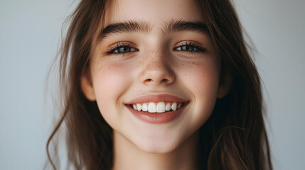 Fototapeta premium Close-up of a teenage girl with a radiant smile and fresh makeup, with a soft, airy background emphasizing natural beauty. 
