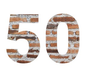 A number "50" cut out of a brick wall, isolated on a white background. Perfect for design projects, presentations, or website elements