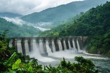 Hydroelectric dam in lush valley Greenery surrounding