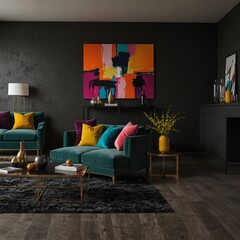 living room interior design with colorful background