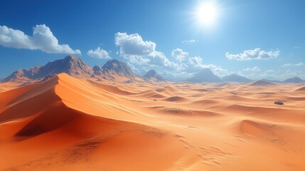 Naklejka premium Vast desert landscape with dunes and mountains under a bright sky.