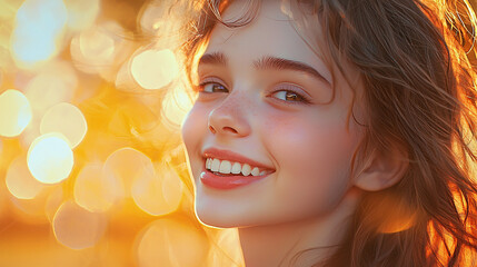 Fototapeta premium Realistic image of a teenage girl with glowing skin and a bright smile, wearing natural makeup, with a soft, blurred background. 
