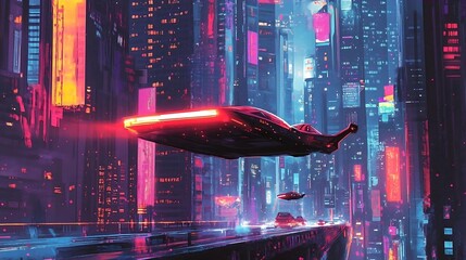 Futuristic Cityscape with Flying Car and Neon Lights