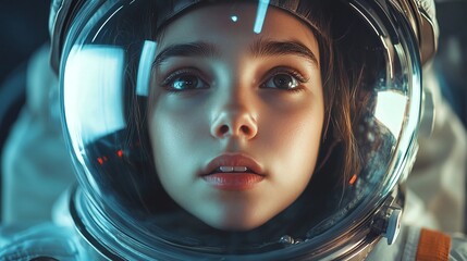 female astronaut's face in a space suit, orbiting a planet in space, cosmic journey and space...