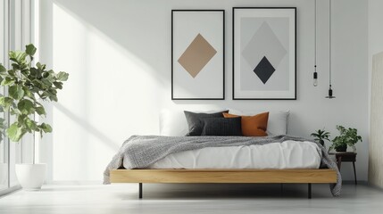 A stylish modern bedroom with a minimalist design, featuring a sleek platform bed, geometric artwork, and a clean, uncluttered space.