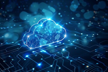 Cloud Computing Security, Data Protection with Padlock on Circuit Board, Cyber Safety Concept , A cloud shaped digital network with a glowing orange outline, house icon, and blue and orange lights ,

