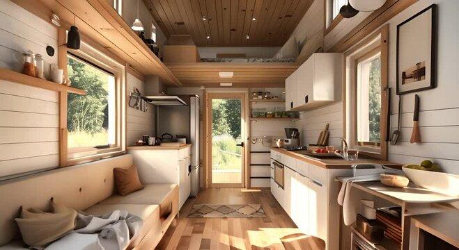  White Tiny Home Interior with Kitchen, Couch, and Loft Bedroom