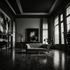 living room interior design with black and white background