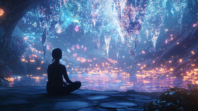 Creative depiction of a person doing deep breathing exercises in a fantastical, serene space with floating, calming visuals and lights. 