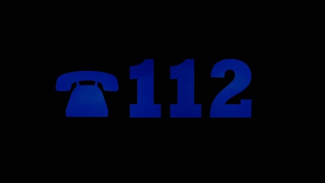 Number 112 on black background flashing red blue flashing light. Calling rescue service by phone. Emergency call system for assistance to the population. Computer graphics. Cycle, endless.
