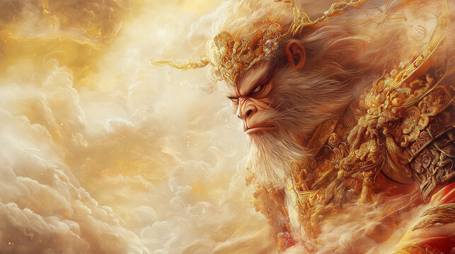 Poster of Sun Wukong The Monkey King, he has a monkey face, he is exuding power and majesty, traditional red and gold armor, intricately detailed with swirling patterns and dragon motifs, the armor ap