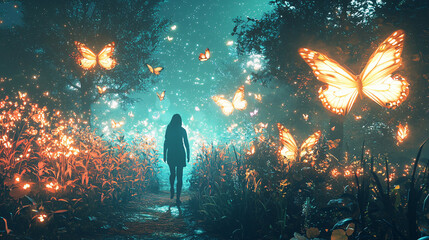 Illusionary scene of a person enjoying a peaceful walk in a dreamlike garden with glowing plants and floating butterflies. 