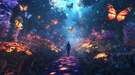 Illusionary scene of a person enjoying a peaceful walk in a dreamlike garden with glowing plants and floating butterflies.  © Wanilla Artworks