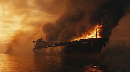 Distant view of a massive cargo ship on fire, with columns of smoke visible against the horizon