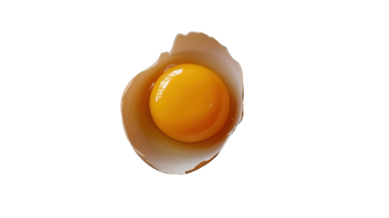 Egg yolk centered in a broken shell on a plate close-up soft light from above, transparent background