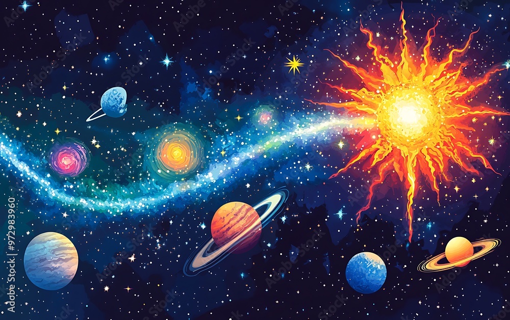Wall mural cosmic journey: evolution of a star from nebula to supernova in flat vector illustration