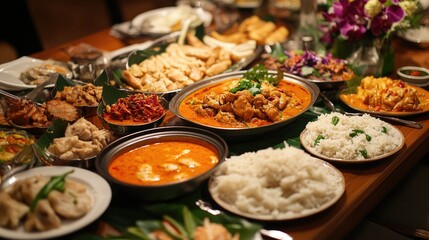 Obraz premium A traditional Thai feast with a variety of dishes such as Massaman Curry, Thai basil chicken, and Pad See Ew, served on a large table with family-style presentation.