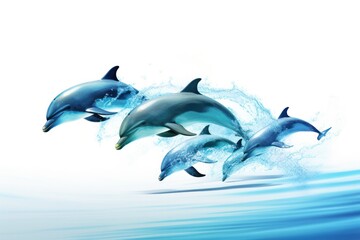 Fototapeta premium A playful pod of dolphins leaping and frolicking in the turquoise waters of a Maldives lagoon, their sleek bodies glistening in the sunlight,