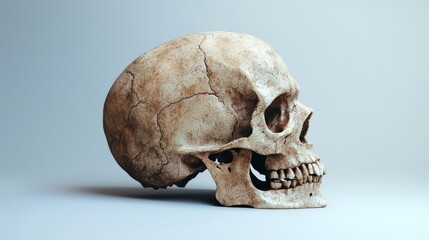 Realistic depiction of a human skull, side view, intense focus