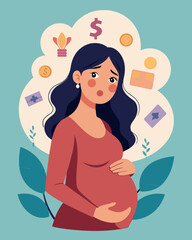 A pregnant woman is faced with a hefty bill for prenatal care and hospital delivery causing significant financial strain.. Vector illustration