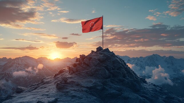 flag on the top of the mountain, business success strategy, reaching goals through leadership, determination, and overcoming challenges