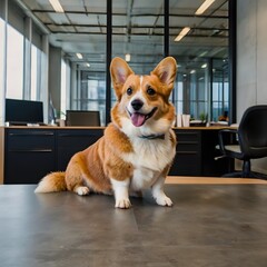 Cute Business Workplace Pet Corgi Dog in the Office