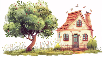 Watercolor drawing of little country village house with small garden and flowers around it. AI generated