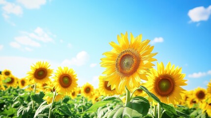Obraz premium A vibrant field of sunflowers in full bloom under a clear blue sky, with golden petals stretching toward the sun and a few clouds floating in the background.