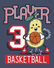 Cute funny avocado basketball player holding ball on isolated background illustration vector, for t-shirt print.