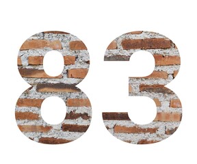 A high-quality image of the number 83, creatively designed using a brick wall texture. Perfect for adding a unique and rustic touch to your design projects.