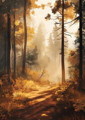 Obraz premium Autumn Forest Path Illustration with Warm Colors and Foggy Weather, Ideal for Greeting Cards, Invitations, Banners, and Posters for Fall-Themed Events or Seasonal Celebrations.