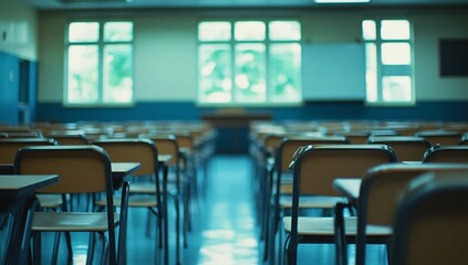 Modern classroom with chairs, set for learning in a spacious educational environment