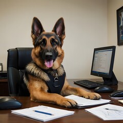 Funny Business German shepherd dog pet in the Office 