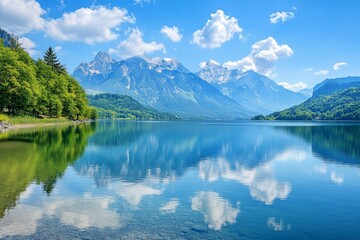 A serene mountain lake with crystal-clear water reflecting the surrounding mountains and sky. Perfect for promoting a sense of peace and tranquility