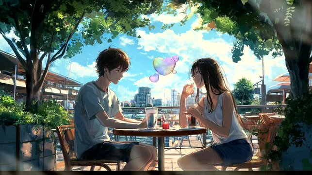 Couple in cafe with heart bubbles. Seamless looping time-lapse video background