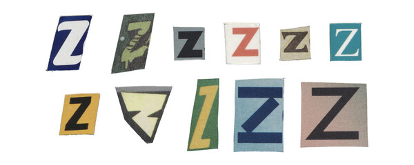 Set of isolated cut-out letter “Z” from magazines on a transparent background, retro y2k style