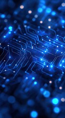 Obraz premium Abstract digital background with glowing blue circuit patterns and luminous nodes, representing technology and innovation.