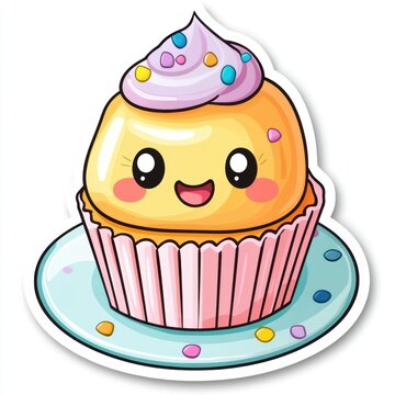 recommend clip art: 14. A kawaii-style cupcake with colorful frosting, sprinkles, and a smiling face on top, sitting on a pastel plate with a soft sticker-like outline.