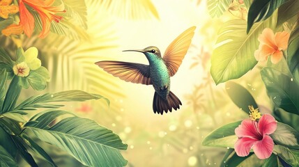 Beautiful vector illustration of a hummingbird in flight, surrounded by lush greenery and colorful flowers, with a bright golden background