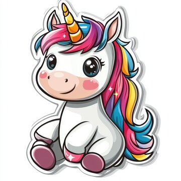 recommend clip art: 5. A chubby unicorn with a rainbow mane, starry eyes, and blushing cheeks, sitting with a playful expression, outlined in a bold, sticker-style design.