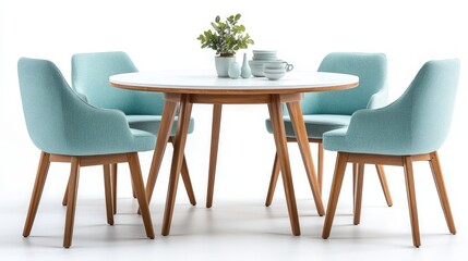 Modern Dining Room Set with Mint Green Chairs and White Circular Top, Natural Wood Legs, in High-Resolution Photography