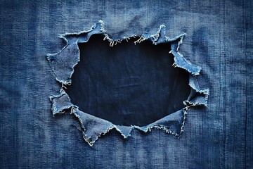 Distressed blue denim and fabric materials with prominent frayed holes, showcasing rugged textures and the worn aesthetic of torn and aged fabric surfaces.