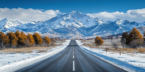 Straight Road Leading to Snowy Mountains Under Clear Blue Skies