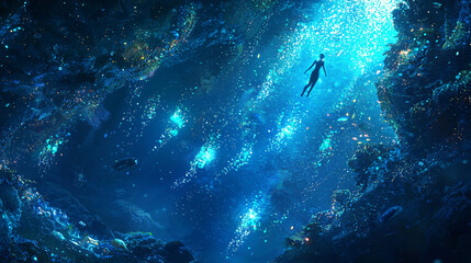 Obraz premium Surreal scene of a person swimming in a bioluminescent pool with floating, radiant aquatic creatures and shimmering, magical water effects. 